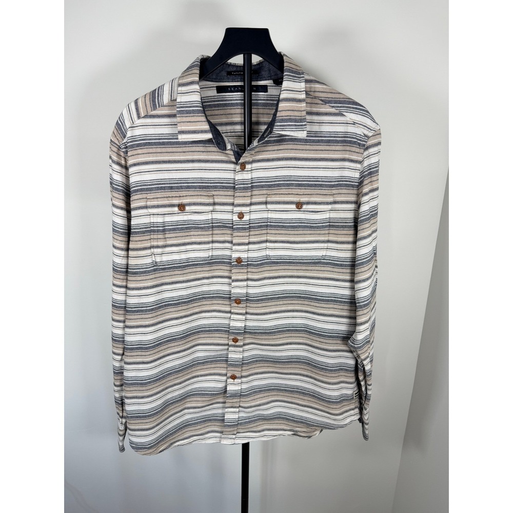 Sean John Mens 3XL Tailored Fit Striped Cotton Button Down Shirt Cream Tan Grey